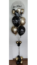 Bukett 16. 1 bubble med skrift + 4 latex ballonger i svart og gull