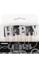 Glitz svart/sølv happy birthday kakelys